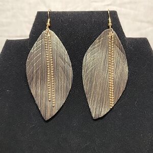 Gold and Black Feather Shaped Dangle Earrings with Embellishment